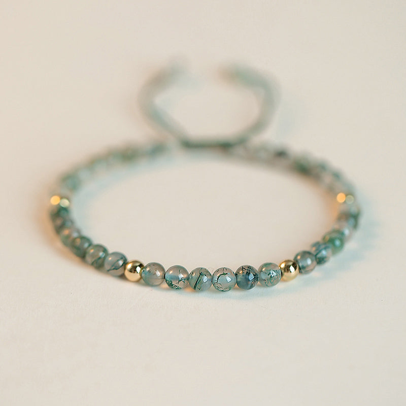 Moss Agate Beaded Bracelet with Copper Golden Accents, Adjustable Fit (14-19cm)