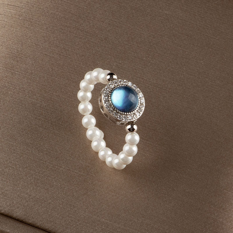 925 Sterling Silver Pearl Blue Chalcedony Healing Chain Bracelet Ring