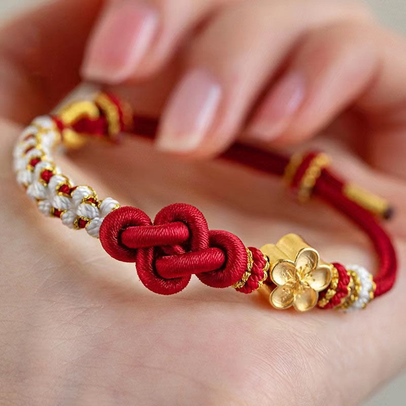 Hand-Braided Red String Bracelet with Copper Endless Knot & Peach Blossom Charm