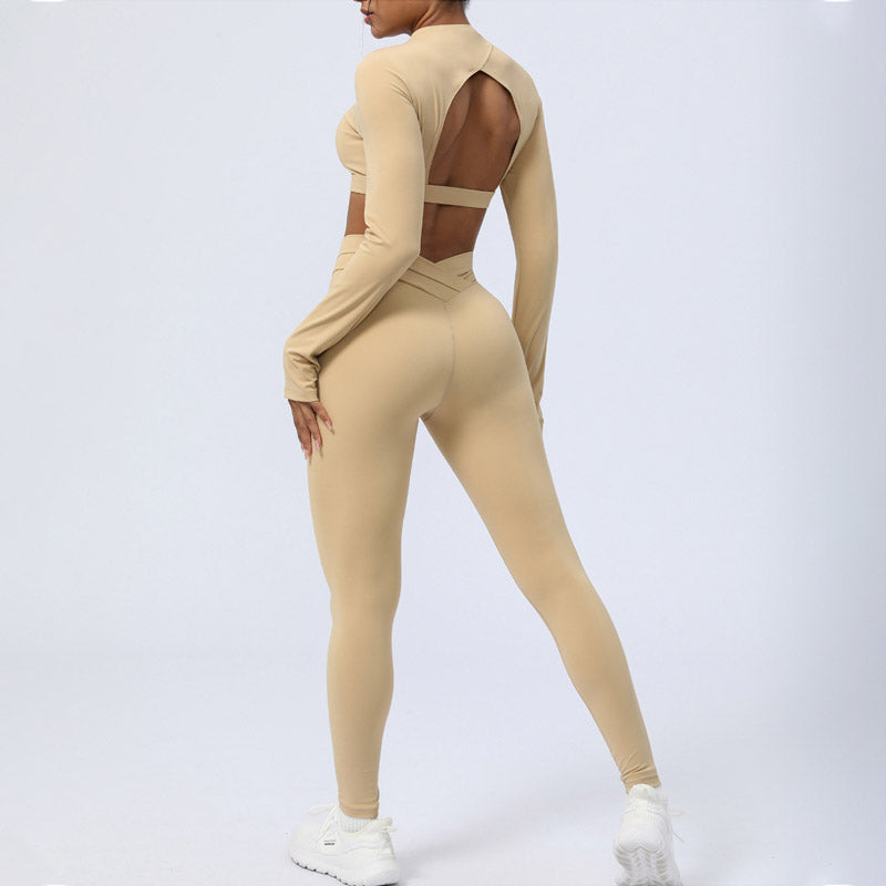 2Pcs Long Sleeve Backless Top Bra Leggings Pants Fitness Yoga Outfit Set