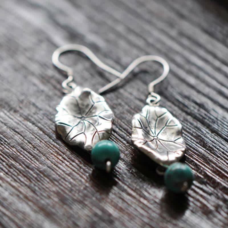925 Sterling Silver Turquoise Lotus Leaf Handcrafted Drop Dangle Earrings
