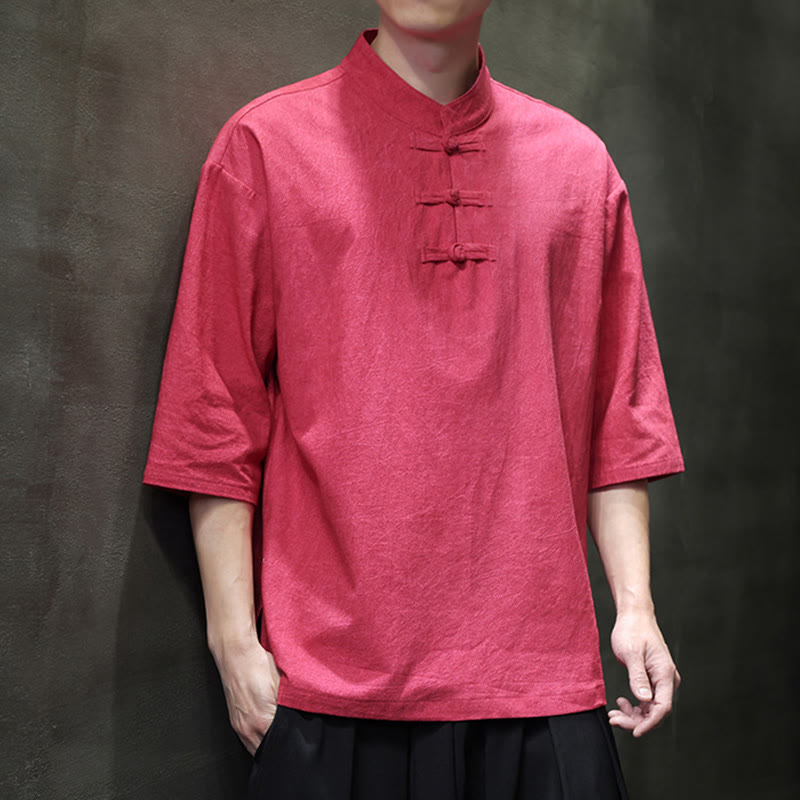 Cotton Linen Half-Sleeve Stand Collar Meditation Shirt