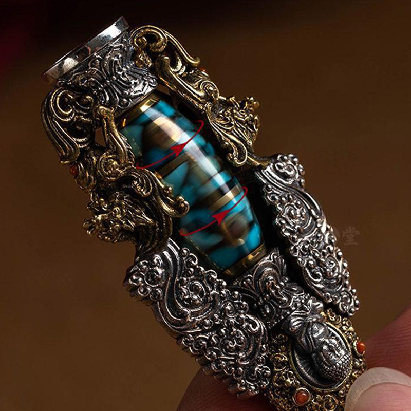 Tibetan Nine-Eye Dzi Bead Turquoise Buddha Wealth Rotation Necklace (Extra 30% Off | USE CODE: FS30)