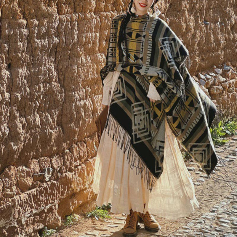 Tibetan Shawl Striped Geometric Pattern Winter Cozy Travel Tassel Scarf Wrap