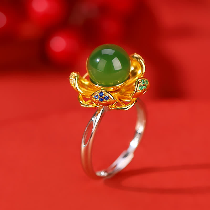Handcrafted 925 Sterling Silver and Gold Jade Lotus Flower Ring