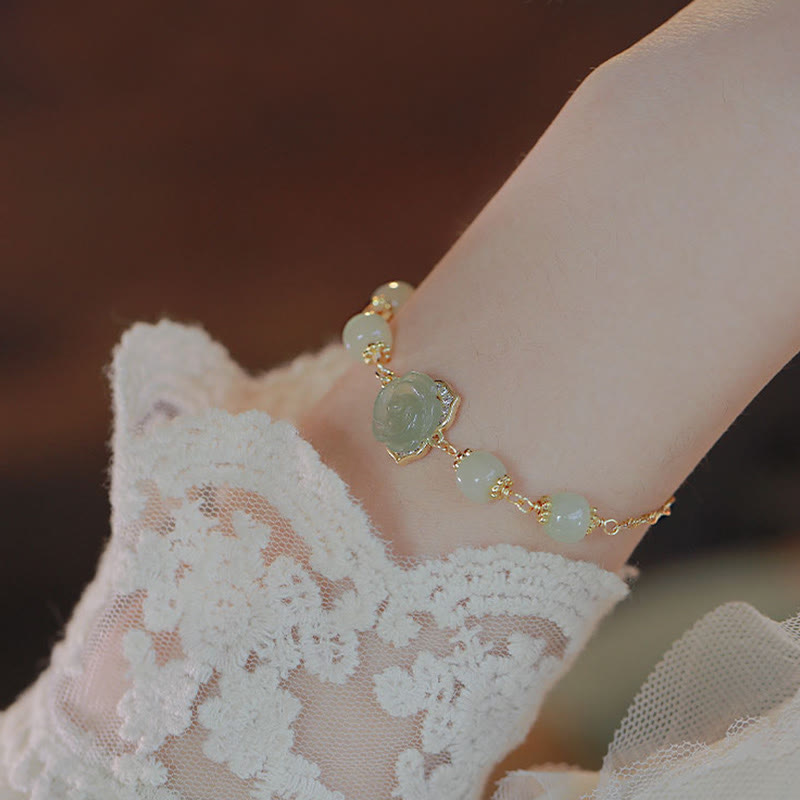 14K Gold Plated Hetian Jade Rose Flower Copper Chain Bracelet