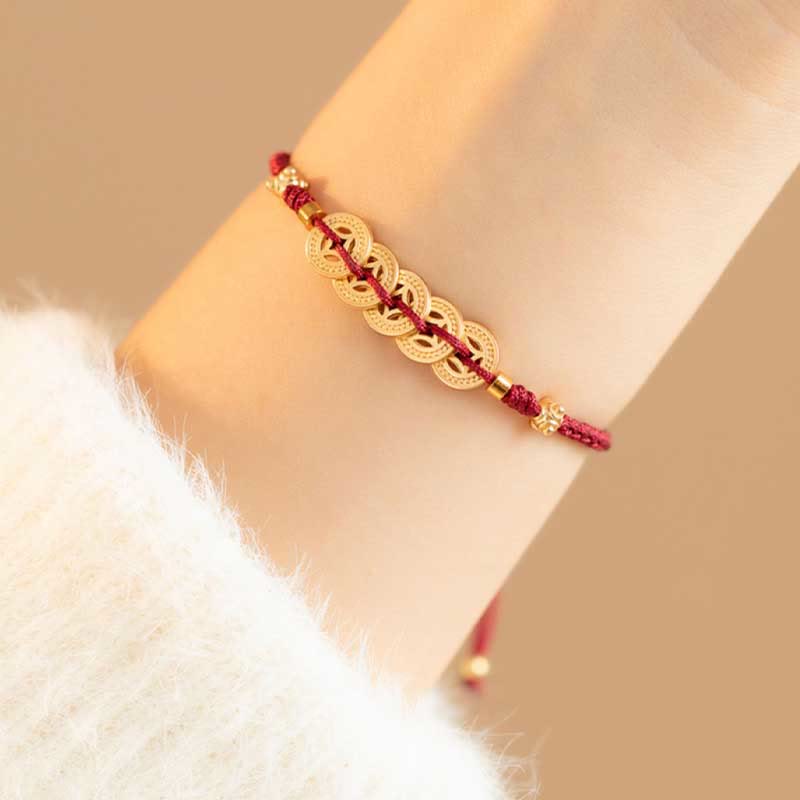 Hand-Braided Copper Tree of Life & Chinese Coin Red String Bracelet
