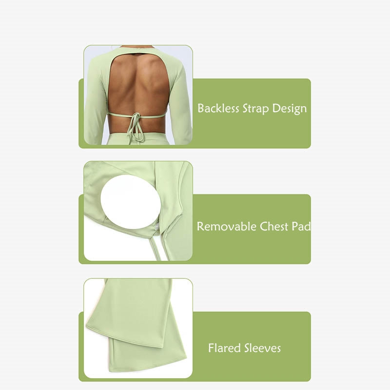 Long Sleeve Backless Strap Top Bra Flare Pants Fitness Yoga Outfit