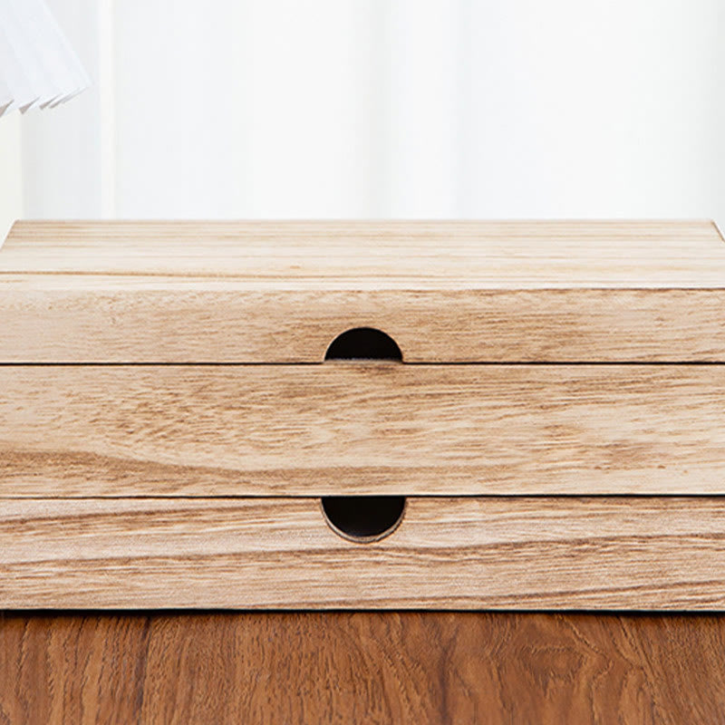 Retro Beige Paulownia Wood Two-Layer Jewelry Storage Box with Mirror