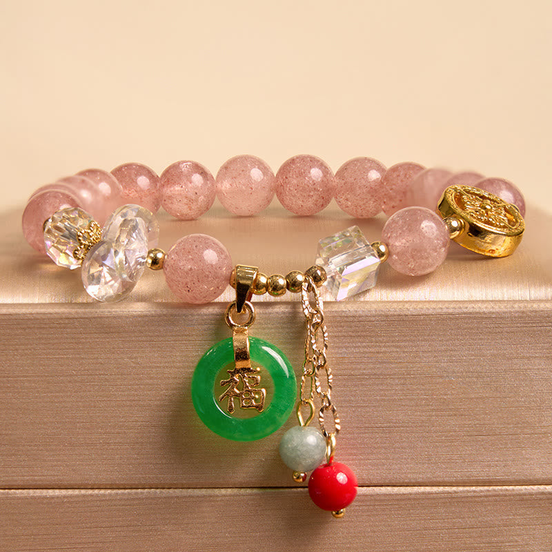 Pink Golden Silk Jade Bangle & Strawberry Quartz Beaded Bracelet Bundle Set