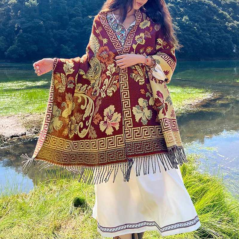 Tibetan Flowers Leaves Pattern Design Shawl Cozy Travel Scarf Wrap