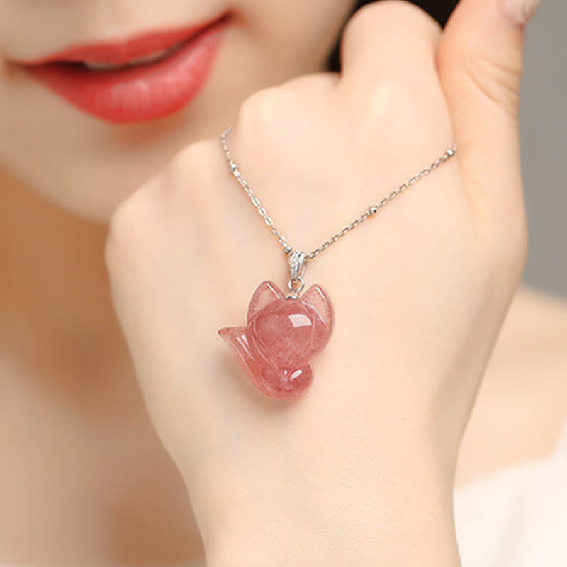 925 Sterling Silver Plated 14k Gold Strawberry Quartz Fox Healing Necklace Pendant