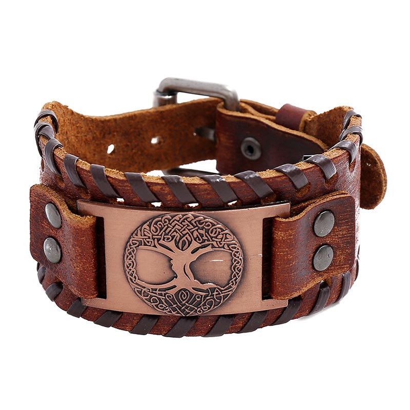 Handmade Tree of Life Copper Wide Leather Cuff Bracelet for Men and Women