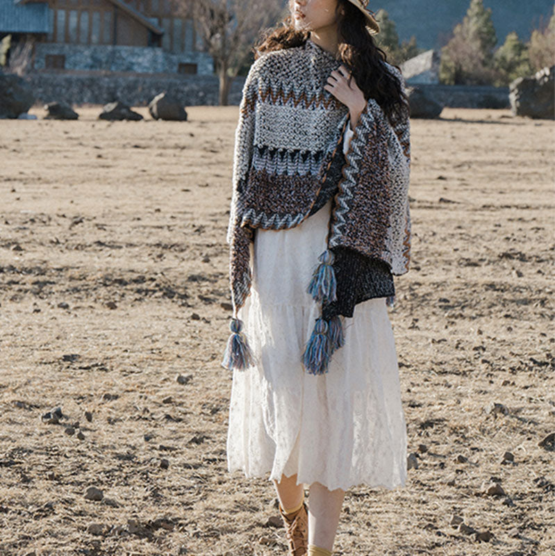 Tibetan Shawl Gray Brown Striped Knitted Tassels Winter Cozy Travel Scarf Wrap