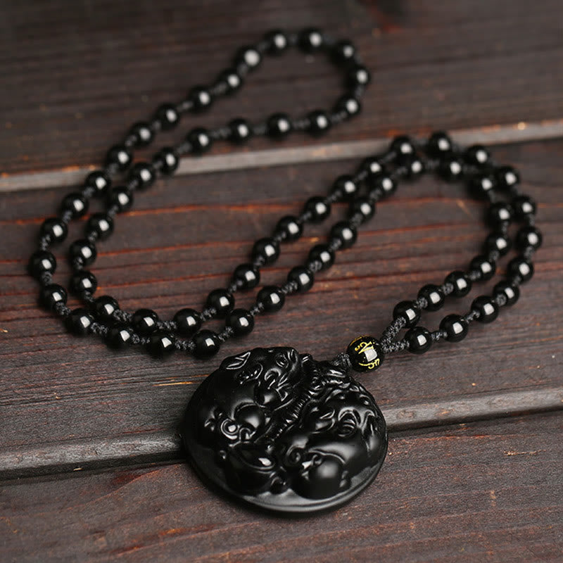 Black Obsidian Double Pixiu Bead Rope Purification Necklace Pendant