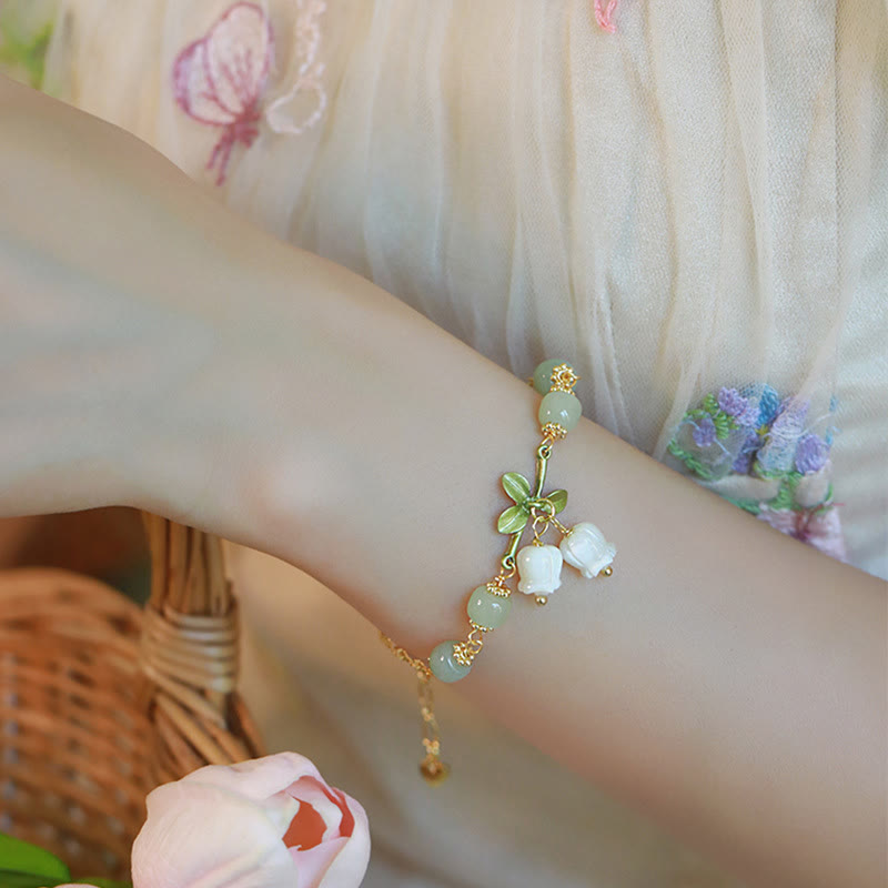 Green Jade Bead Lily of the Valley Prosperity Chain Bracelet