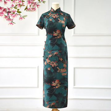 Vintage Pink Flowers Print Cheongsam Dress Women's Qipao Dress
