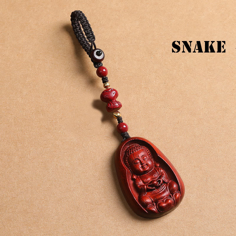 Small Leaf Red Sandalwood & Cinnabar Buddha Chinese Zodiac Carved Keychain