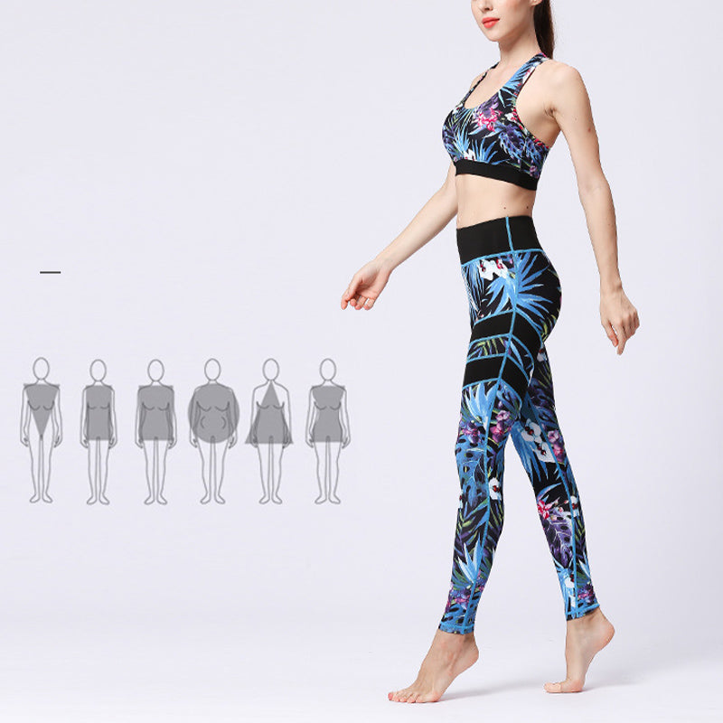 2Pcs Sunflower Flowers Leaves Print Top Pants Sports Fitness Yoga Women's Yoga Sets