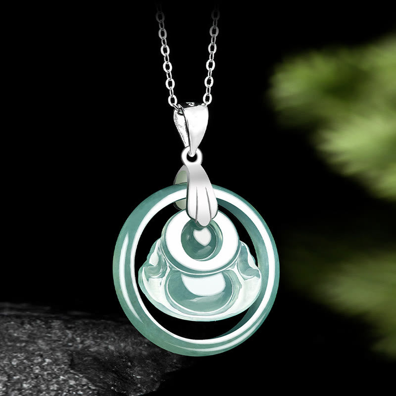 925 Sterling Silver Natural Jade Round Laughing Buddha Abundance Chain Necklace Pendant