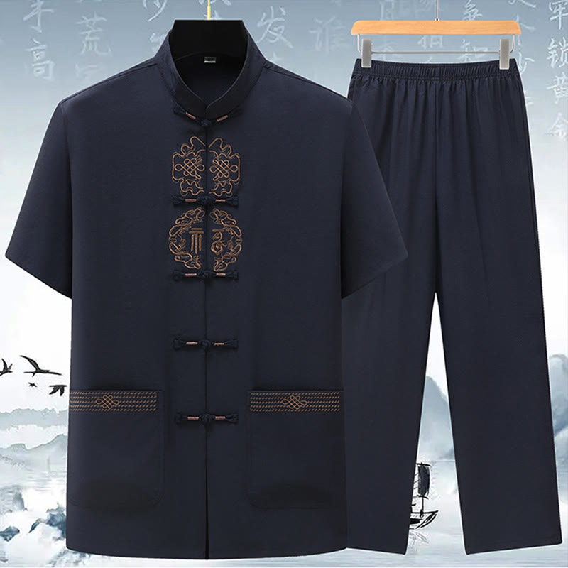 Fu Character Chinese Knotting Embroidery Tang Suit Traditional Short Sleeve Top Pants Clothing Men's Set
