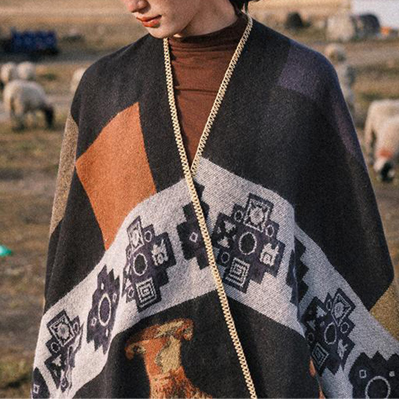 Tibetan Shawl Deer Vase Geometric Shapes Winter Cozy Travel Scarf Wrap