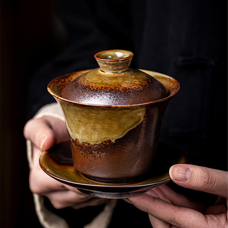 Vintage Brown Kiln Change Design Porcelain Ceramic Gaiwan Sancai Teacup Kung Fu Tea Cup And Saucer With Lid