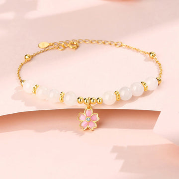 925 Sterling Silver Hetian White Jade Cherry Blossom Zircon Chain Bracelet