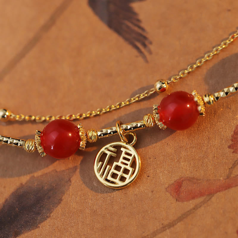 Red Agate and Copper Fu Character Charm Bracelet for Self-Acceptance