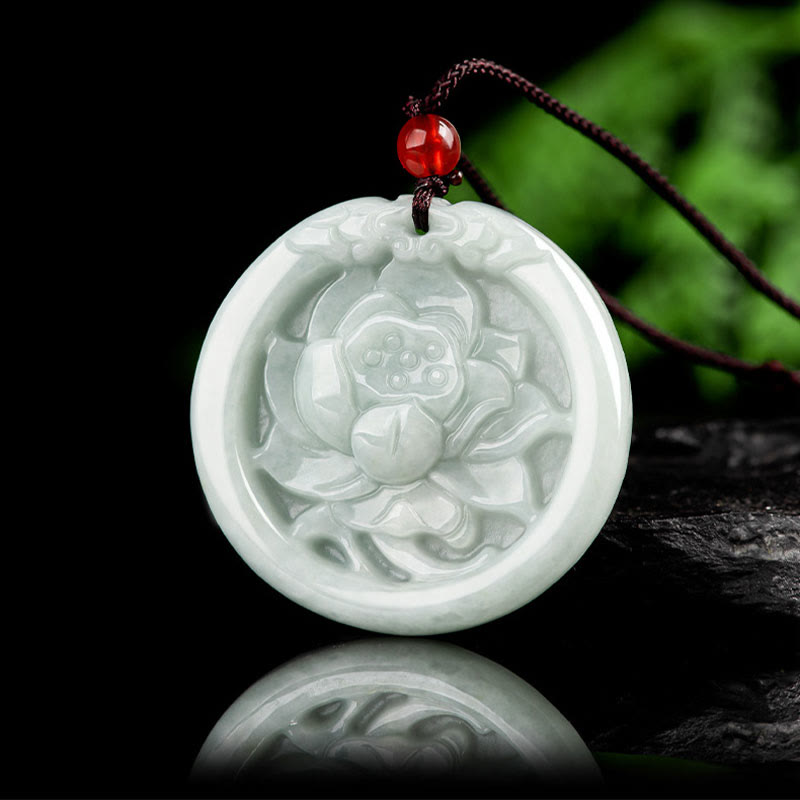 Natural Jade Lotus Flower Carved Prosperity Necklace Pendant