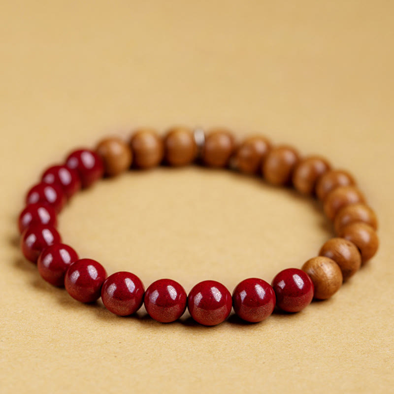 Handmade 925 Sterling Silver Peach Wood and Cinnabar Beaded Stretch Bracelet