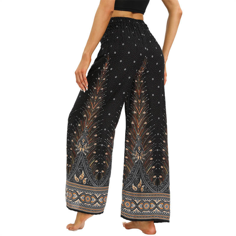 Boho Peacock Feathers Lace-up Wide Leg Pants Women's Yoga Pants