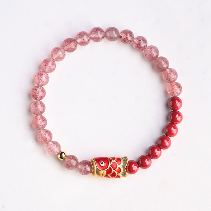 Natural Strawberry Quartz Cinnabar Lucky Koi Fish Healing Bracelet