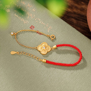 Handmade Red String Bracelet with Gold Plated 925 Sterling Silver Four-Leaf Clover and Zircon