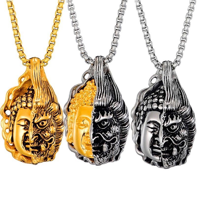 Dualistic Half Buddha Half Devil Titanium Steel Pendant Necklace for Men and Women