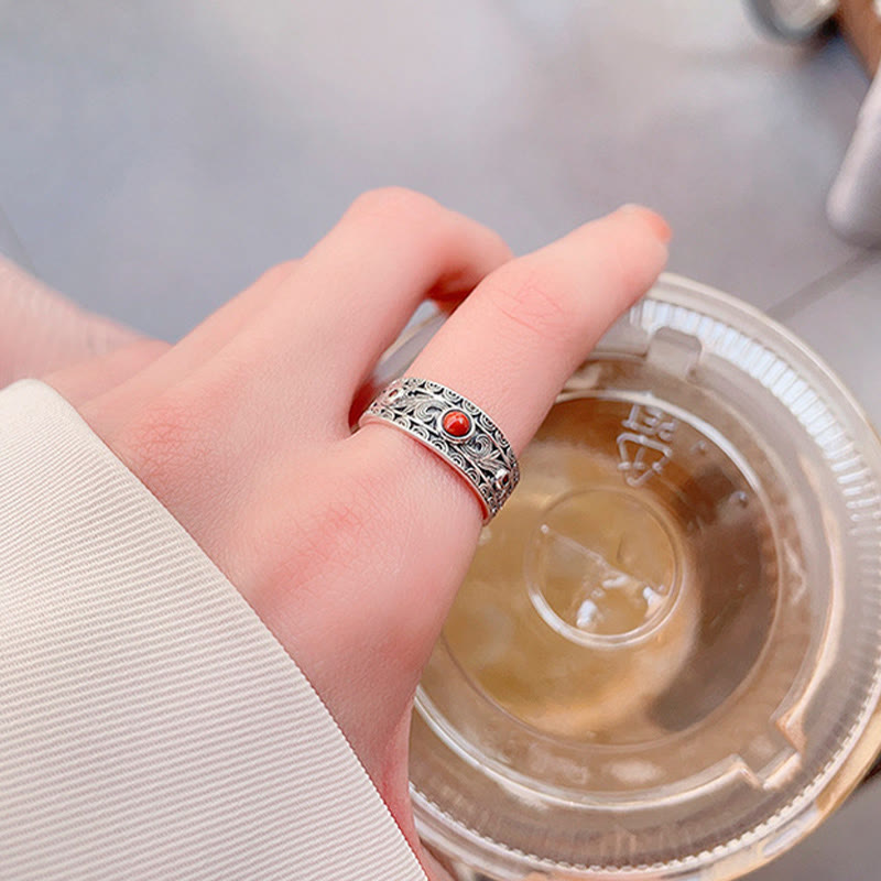 925 Sterling Silver Embedded Red Agate Auspicious Clouds Logical Thinking Ring
