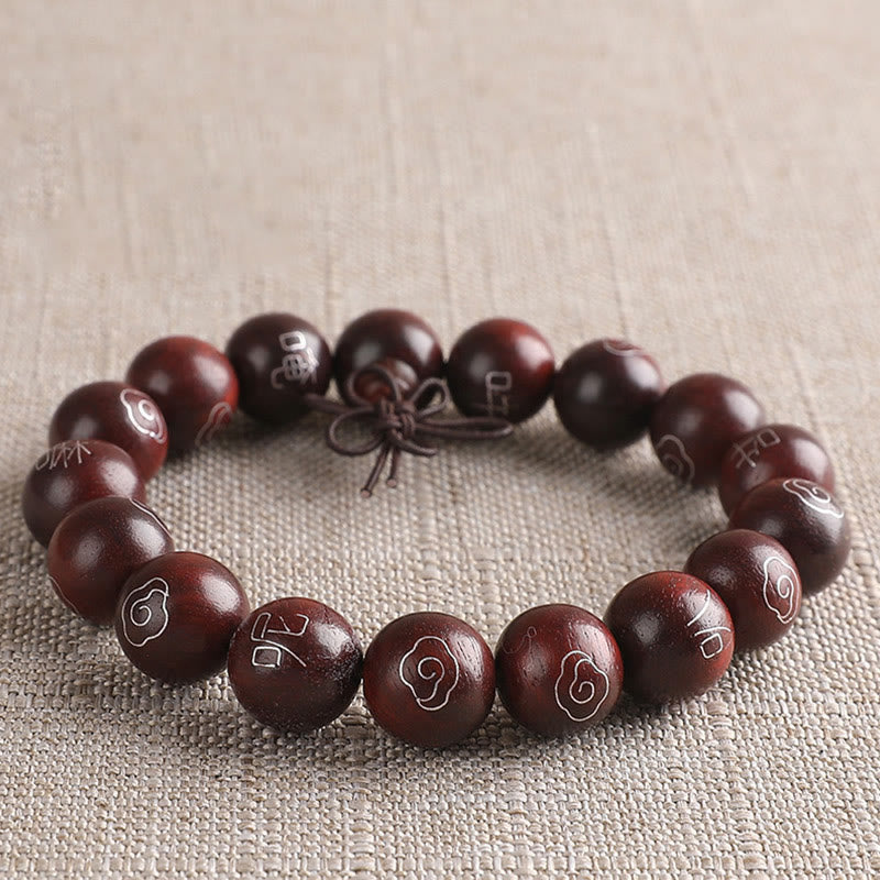 925 Sterling Silver Inlaid Small Leaf Red Sandalwood Om Mani Padme Hum Character Auspicious Clouds Protection Bracelet