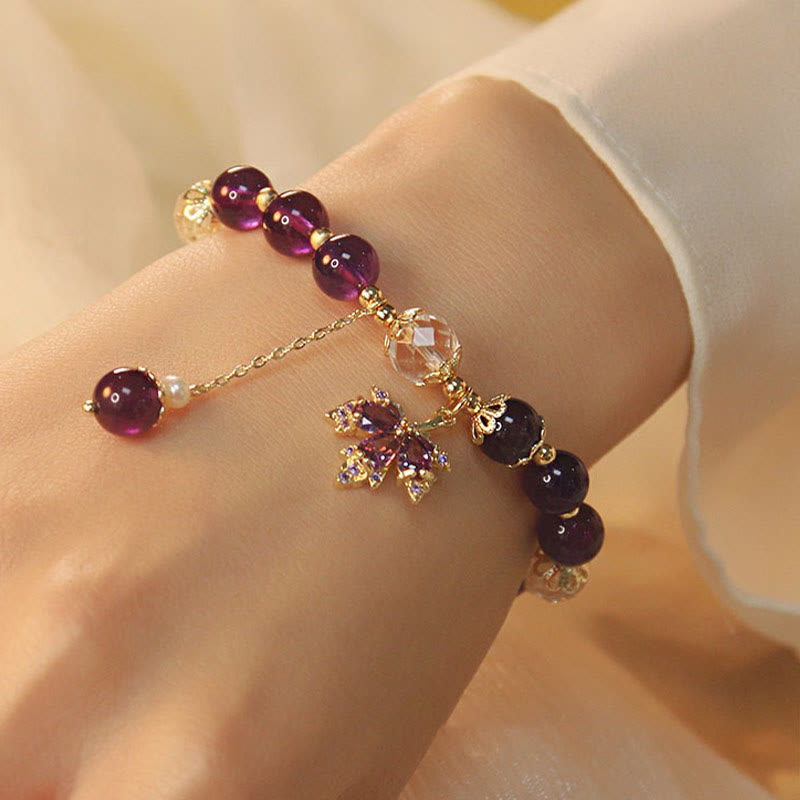 14k Gold Plated Natural Amethyst Maple Leaf Charm Bracelet