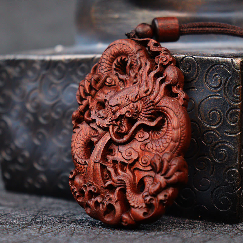Lightning Struck Jujube Wood Double Dragon Relief Ward Off Evil Spirits Necklace Pendant