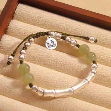 925 Sterling Silver Natural Hetian Jade Bamboo and Fu Character Resilience Bracelet