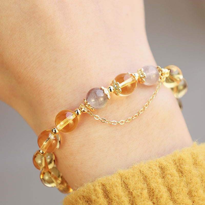 Citrine Moonstone Sunstone Celestial Moon Charm Gemstone Bracelet