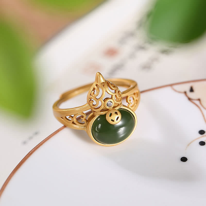 Gourd Cyan Jade Copper Coin Success Luck Adjustable Ring