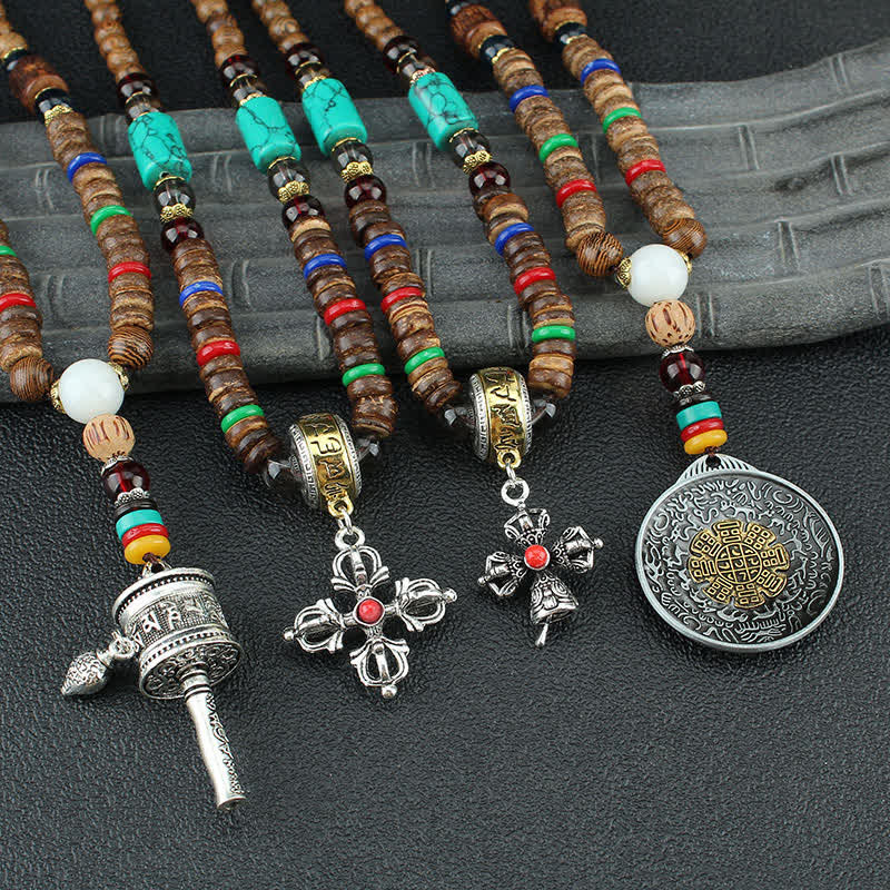 Tibetan Om Mani Padme Hum Prayer Wheel Rotation Vajra Wood Necklace Pendant