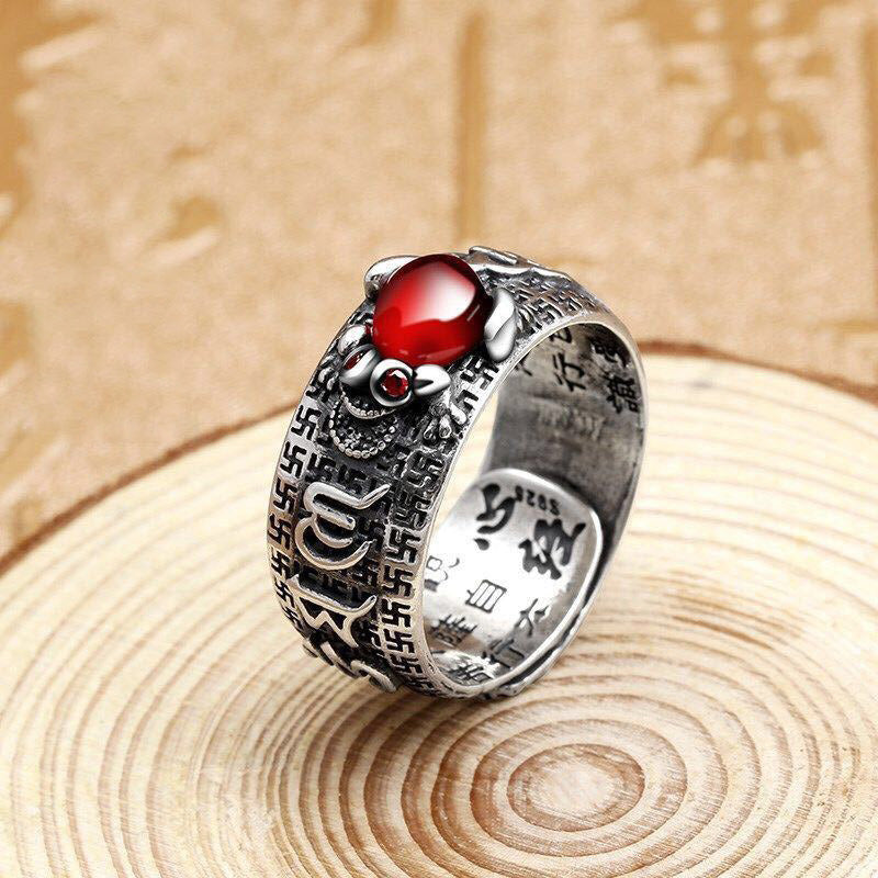 Garnet & Copper Heart Sutra Adjustable Ring with Pixiu, Money Frog or Vajra