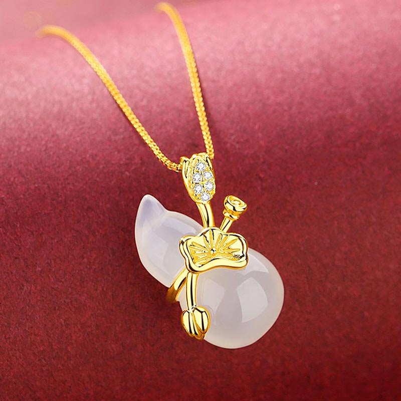 Cyan Jade Gourd Lotus Leaf Abundance Pendant Necklace