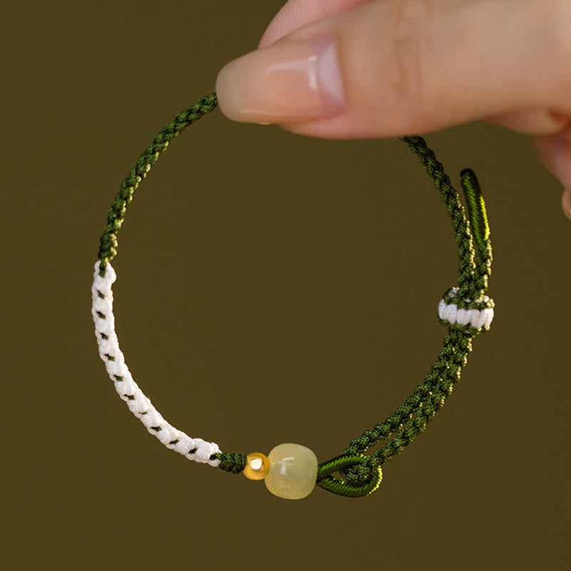 925 Sterling Silver Hetian Jade Bead Luck Braided Rope Bracelet