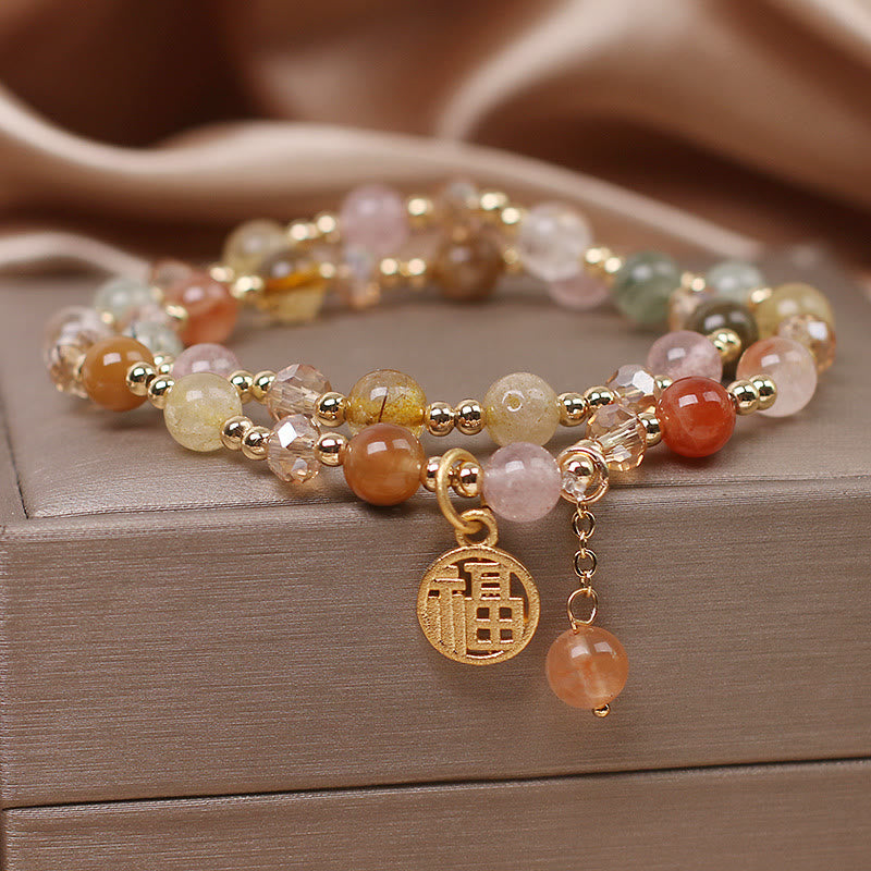 Multicolored Rutilated Quartz Fu Character Auspiciousness Bracelet