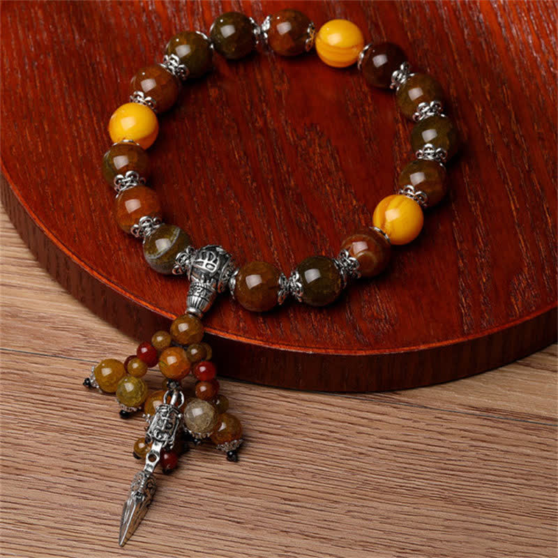 Natural Gemstone Beaded Bracelet with Copper Vajra Dorje Charm