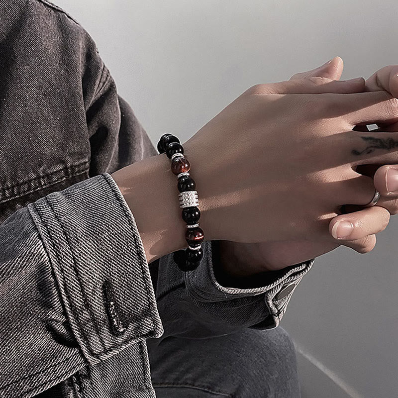10mm Black Obsidian and Tiger Eye Beaded Bracelet with Titanium Steel