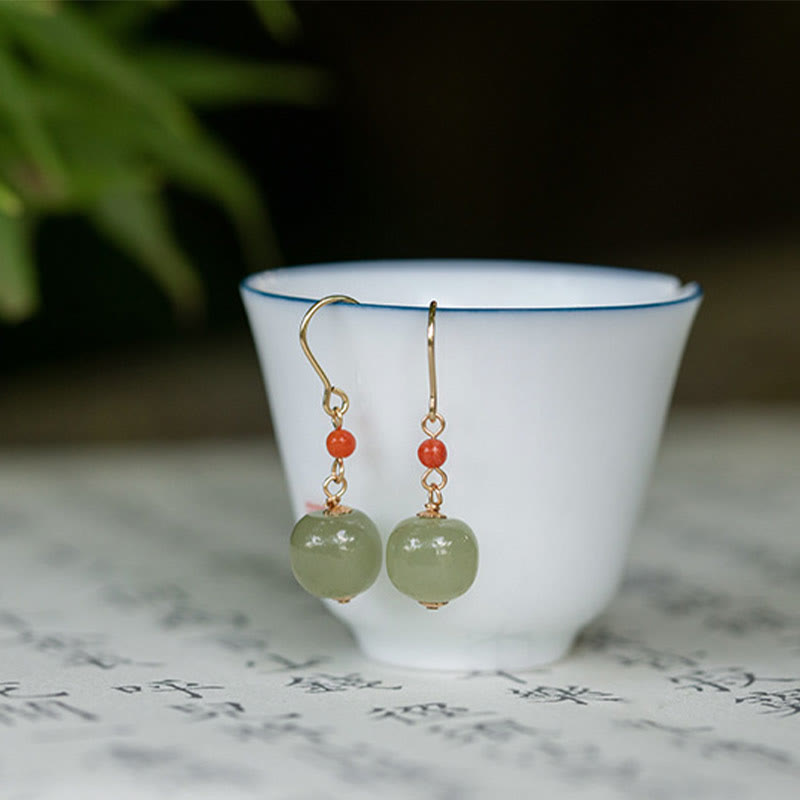 925 Sterling Silver Plated 14k Gold Hetian Jade Red Agate Luck Drop Dangle Earrings